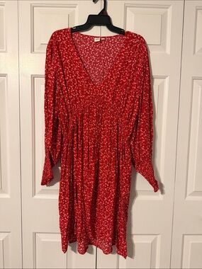GAP Red Floral Long-Sleeve V-Neck Dress